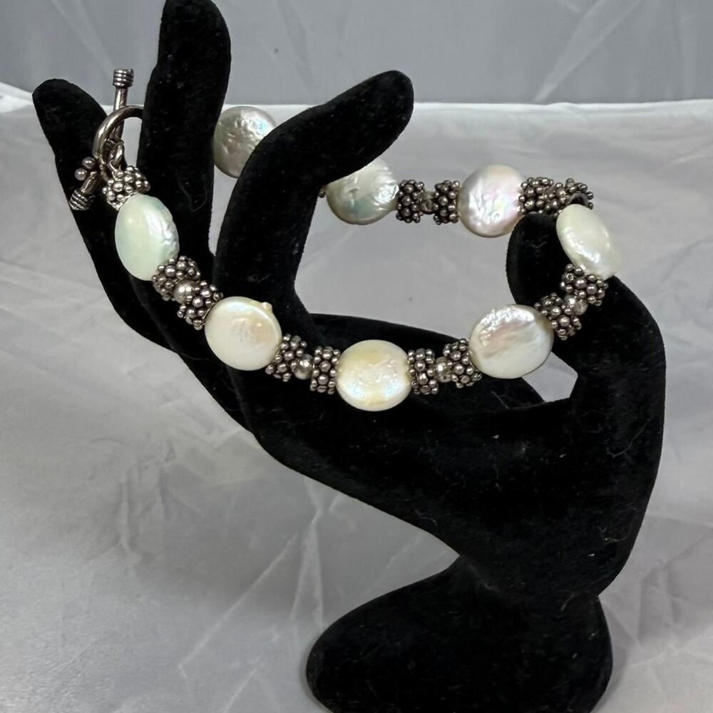 Freshwater Pearl Bracelet Coin Pearls Silver Tone Spacers Toggle